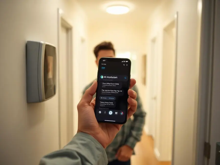 Homeowner using an AI assistant on a phone beside a thermostat