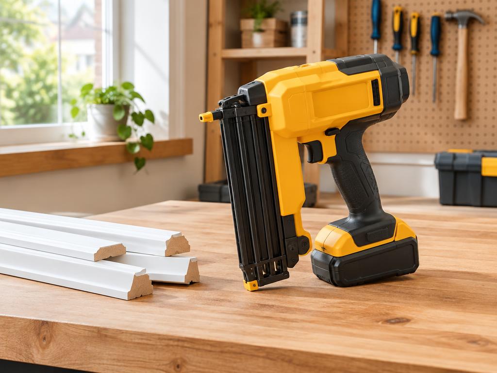 Cordless brad nailer beside trim on a home workshop bench