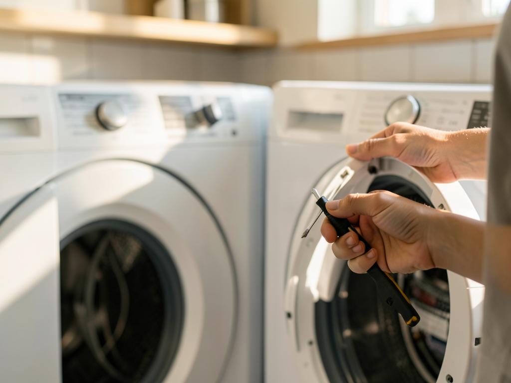Hands with a screwdriver at the open filter panel of a washing machine