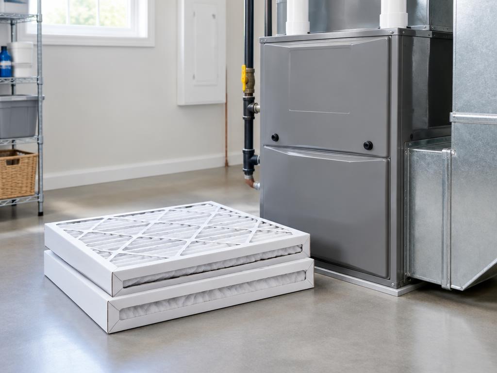 Two pleated residential air filters beside a furnace