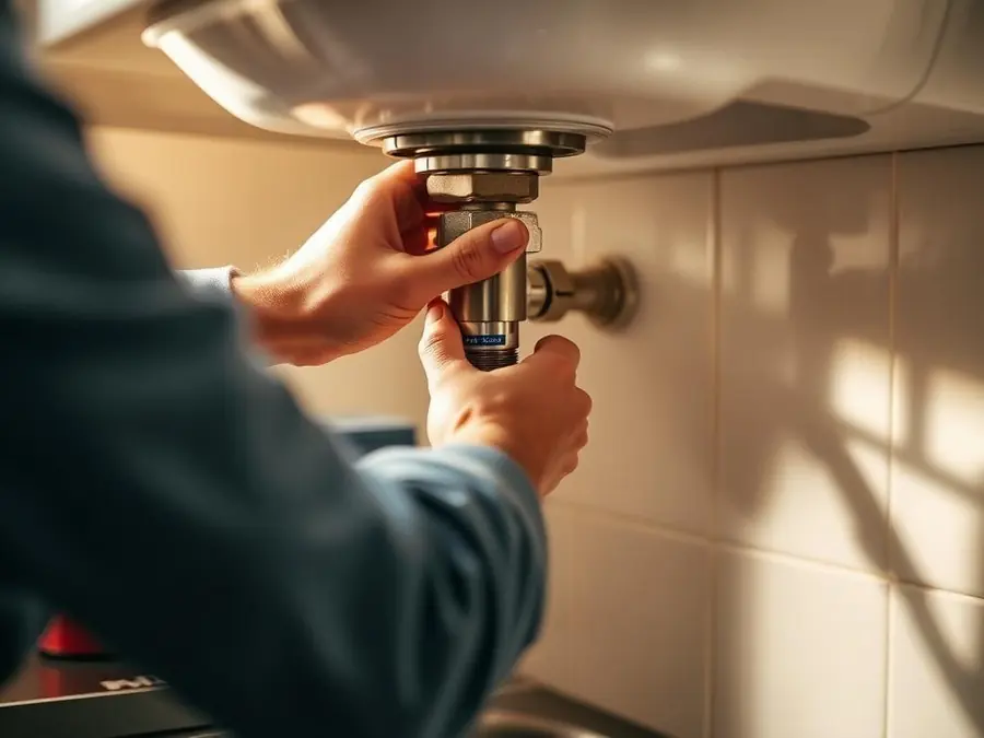 Hands tightening a shutoff valve under a kitchen sink