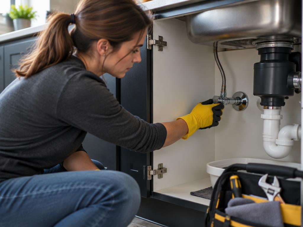 Homeowner checking a water shutoff valve beneath a kitchen sink