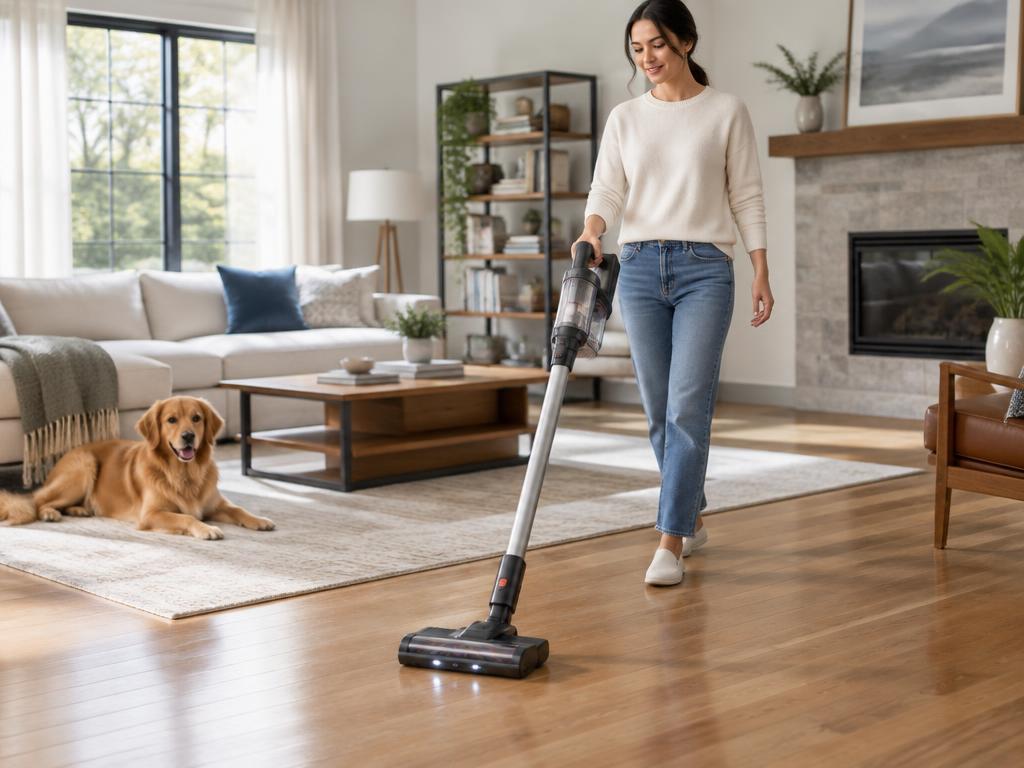 Cordless floor vacuum cleaning hardwood in a living room