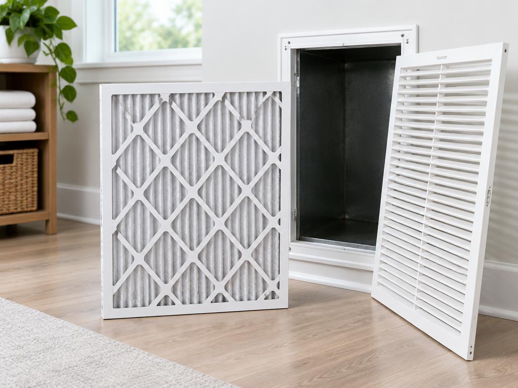 Pleated residential air filter beside an open return grille