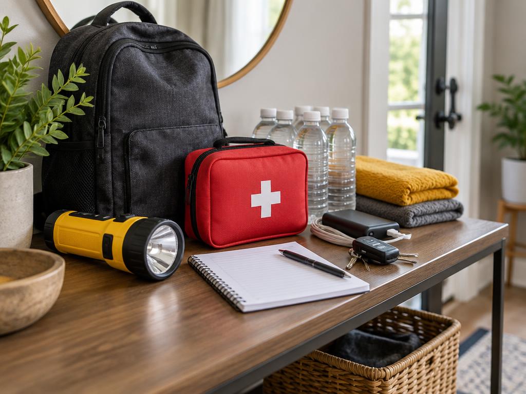 Emergency backpack, first aid kit, water and flashlight on a table