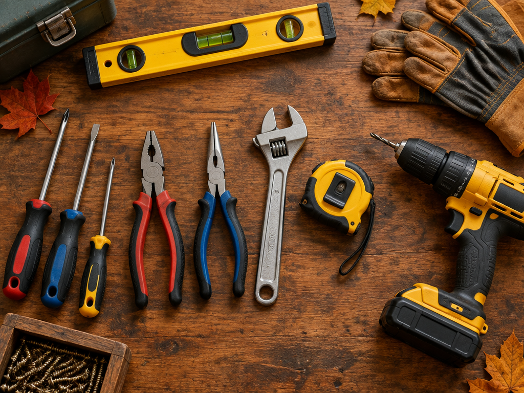 Neatly arranged homeowner tool kit on a workbench with drill, wrench and tape measure
