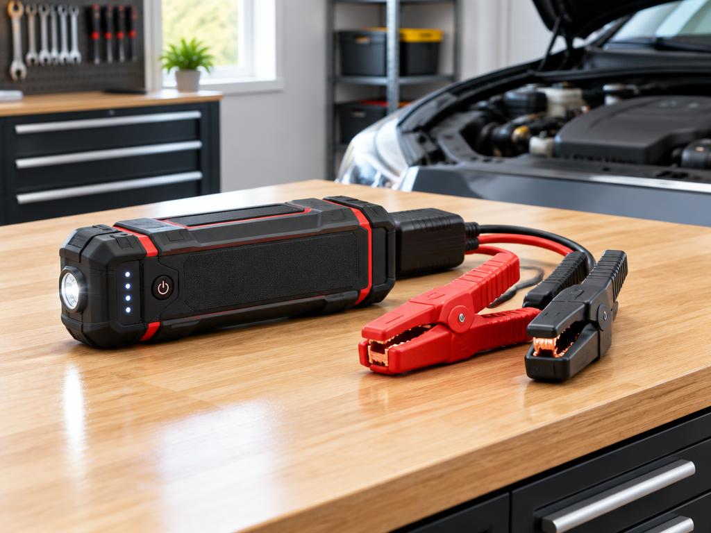 Portable jump starter and clamps on a garage workbench