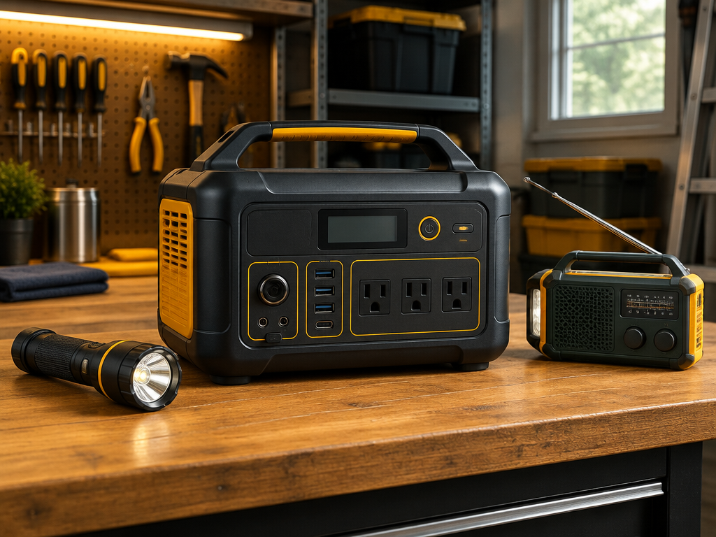 Portable power station on a garage workbench