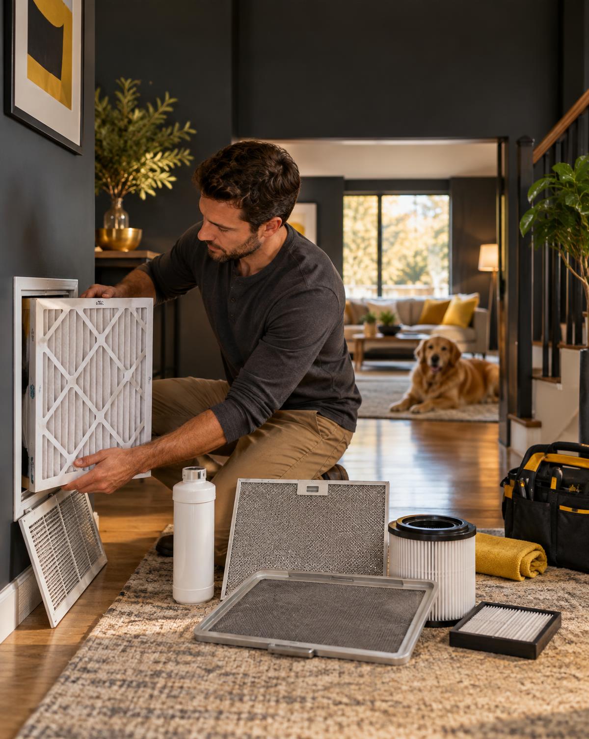 Homeowner replacing an HVAC filter with household filters and a dog nearby