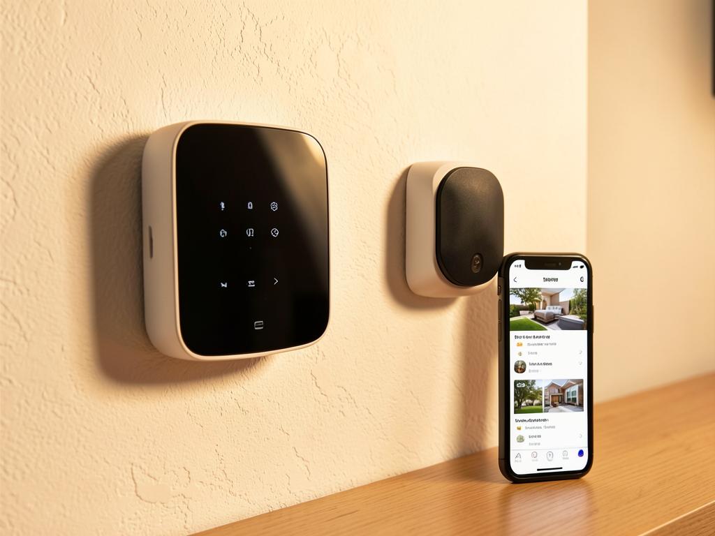 Smart thermostat and video doorbell on a wall beside a phone showing a home app