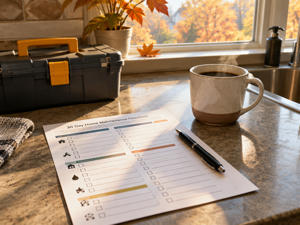 Fall maintenance calendar worksheet on a kitchen table with pen and tools