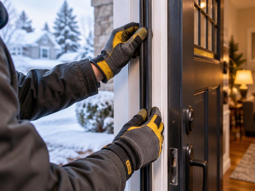 Gloved hands checking the seal around a front door in winter