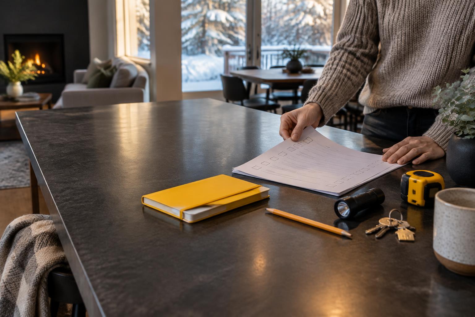 Homeowner reviewing a maintenance checklist beside a flashlight and tools